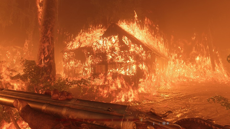 Die Welt von Hunt steht in Flammen! In den ersten Spielminuten wandere ich nur umher und bestaune das Spektakel.