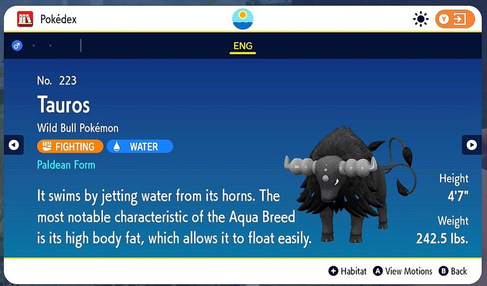 Paldean Tauros Aqua Breed Pokedex